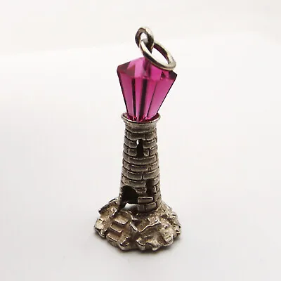 LIGHTHOUSE Vintage Sterling Silver Charm Three Dimensional Hollow With Pink Bead • £13.99