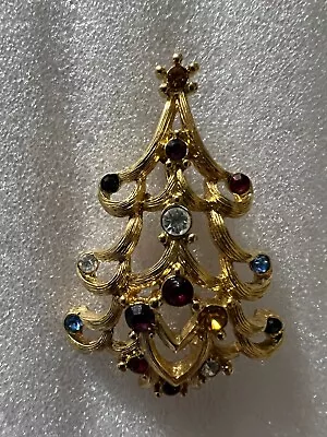 Vintage Monet Christmas Tree Gold Tone Color Rhinestones Pin Brooch • $7.94