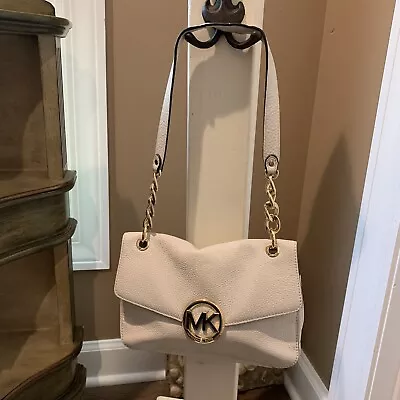 MICHAEL KORS Vanilla Off White Pebbled Leather Small Flap Gold Chain Purse • $49.99