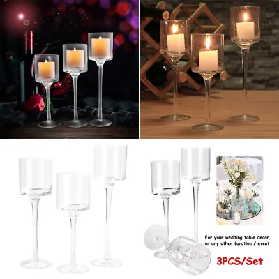 Set Of 3 Tall Glass Large Candle Holders Centrepiece Tea-Light Wedding Candles • £12.94