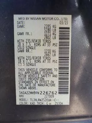 NISSAN MURANO 2015 AWD 3.5L Automatic Transmission 5138 • $1012.96