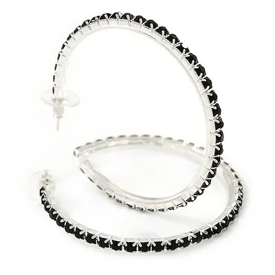 Jet Black Crystal Hoop Earrings In Rhodium Plating - 60mm D • £14.60