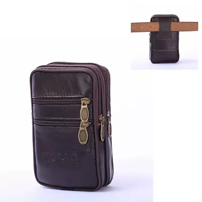 Men's Hook Belt Waist Phone Pouch Key Leather Double Zipper Pack Wallet Bag • £7.78