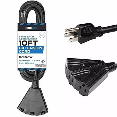 10 Ft Outdoor Extension Cord With 3 Electrical Power Outlets Durable Black Cable • $15.99