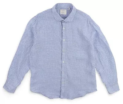 Murano Baird McNutt Linen Shirt Men XL Slim Fit Blue Check Long Sleeve Button Up • $24.99
