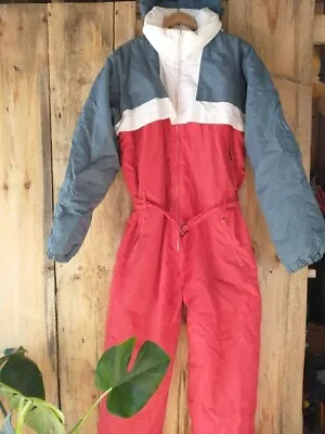 Retro Snowsuit Men's Large Red Gray White Snowy Mountain Packable Hood Belted • $64.51