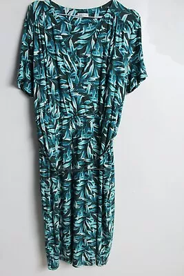 Eastex Womens Leaf Print Jersey Dress With Belt - Blue Green - Size 12 (v-x4) • £4.99