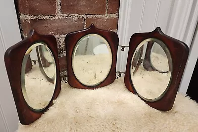 Antique Victorian Tri-Fold Hanging Wood & Brass Shave 3 Mirror Beveled Glass • $55.99