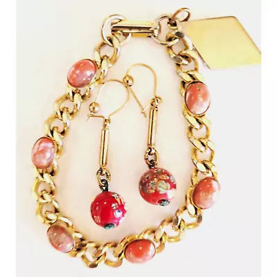 Vintage Red Art Glass Millefiori Earrings Orange/Red Chain Metal Bracelet • $15