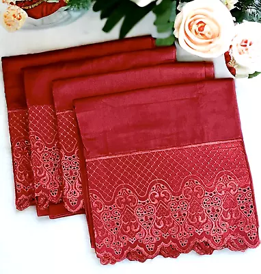 Embroidered Eyelet Lace Edged 4 KING SATEEN Pillowcases SPICE/BURGUNDY • $35