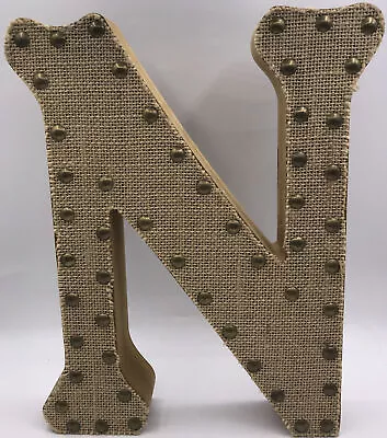 Solid Wood Rustic Initial Letter N Burlap Brass Brats Large 11.5” Shelf Decor • $9.70