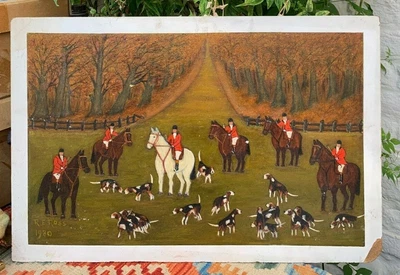 £95 • Buy Naïve Oil Painting Fox Hunting Scene By R E Ross 1980