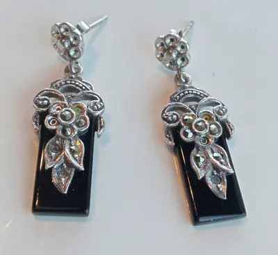 Signed 925 Silver Onyx & Marcasite Art Deco Style Drop Earrings Stud Fasteners • £14.99