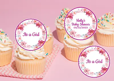 20 X Edible Baby Shower Pink Floral Cupcake Toppers -Its A Girl  Uncut • £4.20