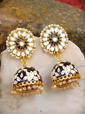 Indian Earrings Meenakari Black Floral Kundan Gold Plated Women Jhumki Jhumka • $12.99