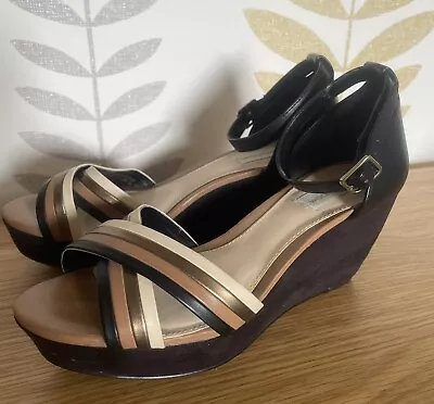 John Rocha Black Tan Beige Open Toe Wedge Heel Ankle Strap Shoes Size 5 /38 • £4.99