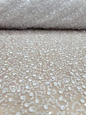 White Beaded Lace Fabric By The Yard Embroidery Sequin On Stretch Mesh Wedding  • $24.99