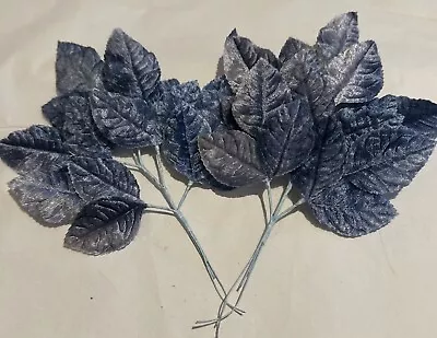 Lot Of 2 Gorgeous Rich Blue Vintage Velvet Millinery Flower Leaves Spray • $8