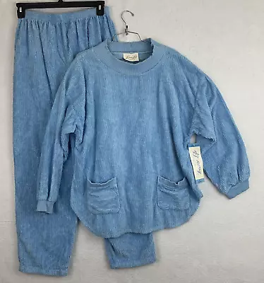 Leisure Life Pajama Set Blue Chenille Lounge Pants Shirt 1X Womens Vintage Flaw • $37.95