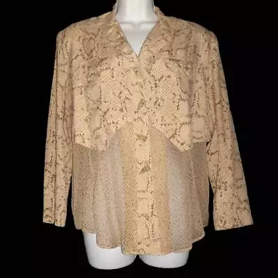 VERA CRISTINA Blouse S 4 6 Beige Brown SNAKESKIN Silk WESTERN Long Slvs SHEER • $22.75