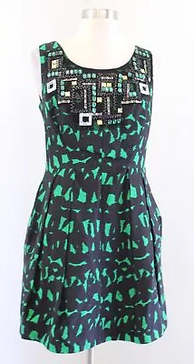 Milly Of New York Black Green Printed Beaded Embellished Mini Dress Size 6 *FLAW • $29.99