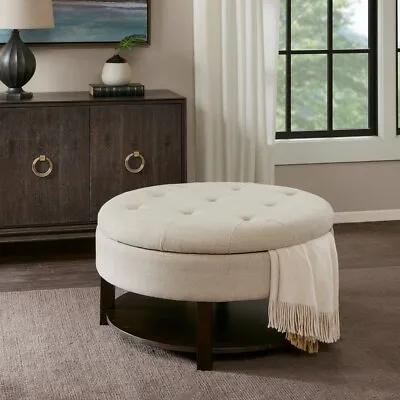 $499.77 • Buy Storage Bench Ottoman BirchWood Cream Polyester Fabric Round Tufted Foam Cushion