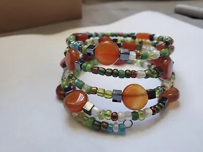 Wrap Bangle Carnelian And Glass Beads One Size Wear Anywhere • $15