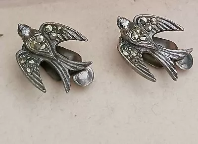 Vintage Marcasite Clip Earrings Swallows #978 • £2.50