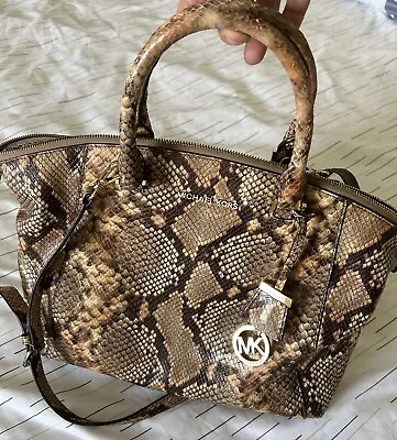 Michael Kors Riley Beige/Brown Python Embossed Leather Satchel Shoulder Bag Tote • $54.99