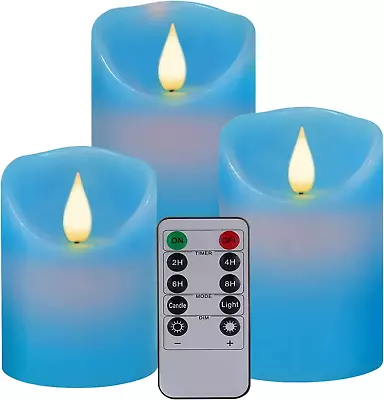 Flameless Battery Operated Flickering Candles:3Pack Blue Real Wax Pillar Candle • $11.65