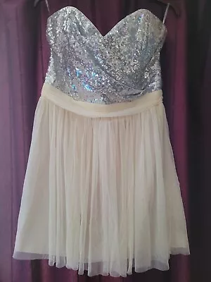 £9.99 • Buy Lipsy Cream/Silver Sequin Evening Prom Dress Size 14