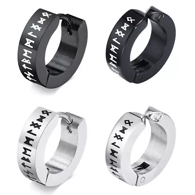 Men Norse  Viking Runes Earrings Huggie Ear Clip Hoop Ring Amulet Letter Words • £2.99