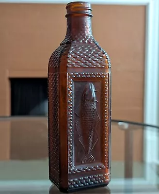Antique Fish Bottle Cod Liver Oil Amber Glass Medicine Bottle Vtg USA History • $20