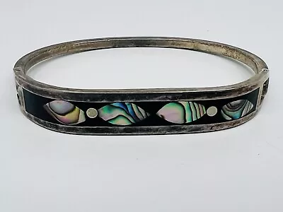 Vintage Mexico Sterling Silver Onyx Abalone Inlay Hinge Bangle Bracelet • $24.95