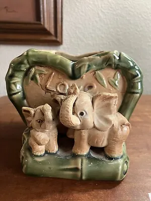 Vintage Majolica Pottery Planter Momma Elephant And Baby Heart Love Bamboo • $8.99