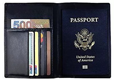 New Bifold Solid Black Genuine Leather Passport Cover Travel ID Card Wallet • $13.95