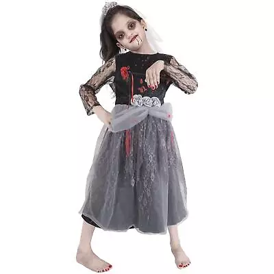 Kids Girls Zombie Bride Halloween Fancy Dress Costume Bloody Eerie Corps Gown • £9.99