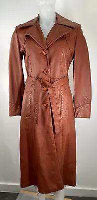 Vintage 70s Leather Trench Coat Tie Waist SZ S Waist 30 • $200