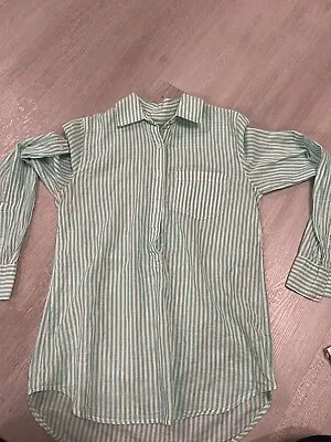 Jcrew Womens Long Sleeve Button Up White Green Striped Popover Size 0 From 2013 • $12