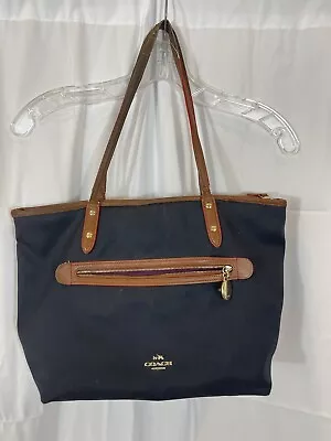 Coach Vintage Navy Blue Nylon Tote With Brown Leather Trim Purple Interior  • $16.50