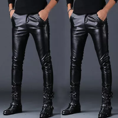 Motorcycle Biker Mens Faux Leather Slim Skinny Pants Punk Rock Casual Trousers • $40.91