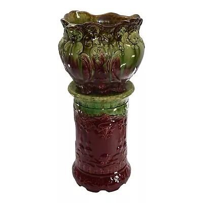 Weller Blended Majolica 1900s Pottery Green Red Cherub Jardiniere With Pedestal • $495