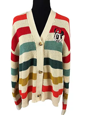 Disney Minnie Mouse Striped Cardigan Large L Sweater Top Cotton Long Sleeve • $28.95