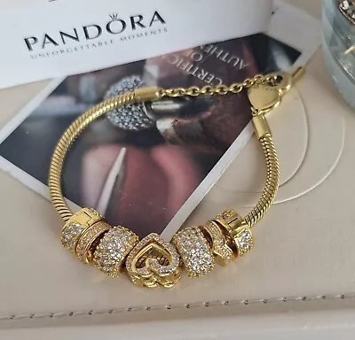 Pandora 14k Yellow Gold Heart T-bar Snake Chain Bracelet 18cm Plus 7 Charms • £259.99