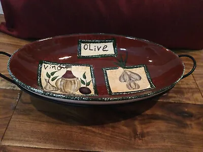 Parini Ceramic Oval Serving Dish Bowl Metal Stand A Taste Of Tuscany Vino Olive  • $27