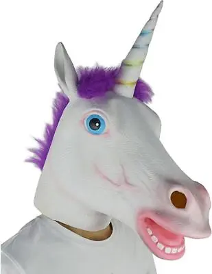 Unicorn Full Head Dress Up Latex Adult Face Mask & Hair Cosplay Mythical Fantasy • £7.99