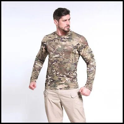 Army Mens Combat T-Shirt Long Sleeve Camouflage Tactical Military Casual Shirts • £14.39