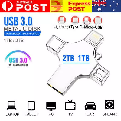 2TB USB 3.0 Flash Drive 4 In 1 Memory Stick For IPhone 13 12 X Android Type-c • $22.54