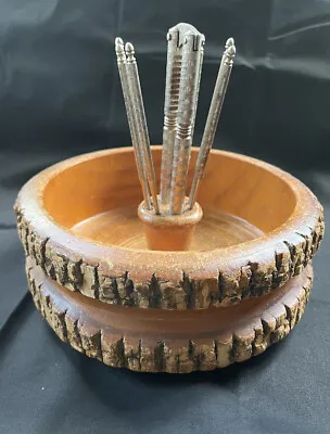 $9.99 • Buy Vintage Nut Cracker Set Wooden Log Bark Bowl  Cracker Picks Ellwood Rusticware