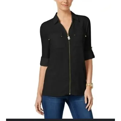 Michael Kors Womens Black Utility Zip Front Shirt Top Size Large Career • $38